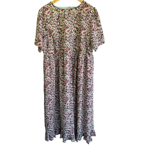Woman Within Beige Floral Midi Dress Size 18W Short Sleeve V Neck Ruffle Hem - Picture 2 of 5